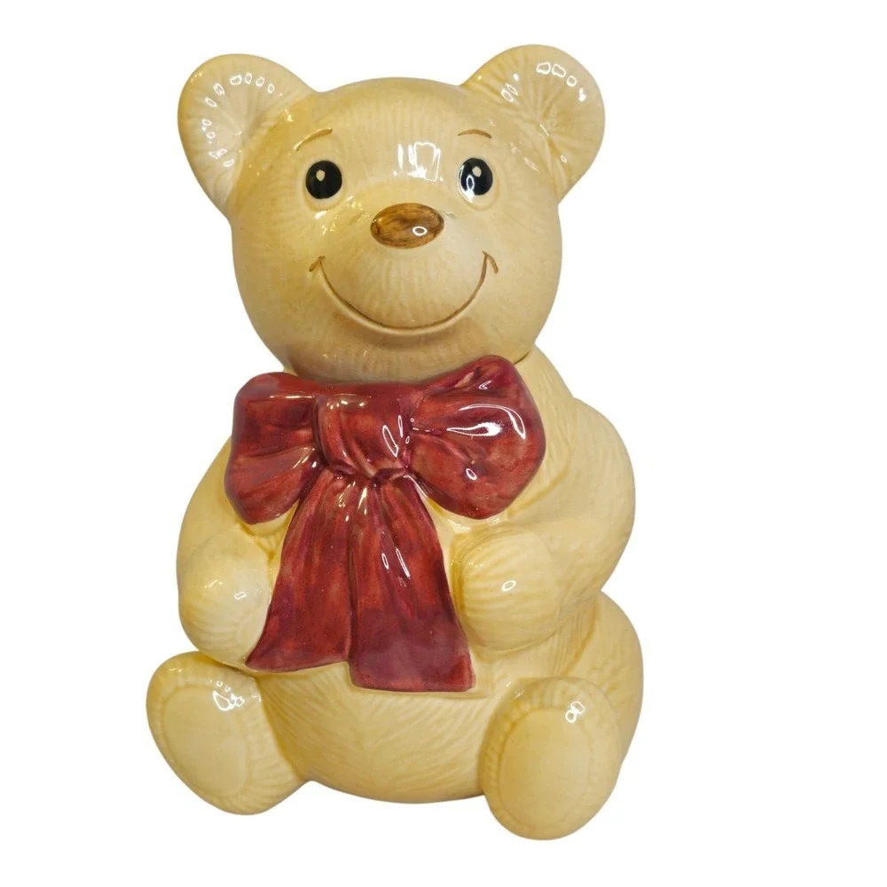 Vintage Metlox Golden Teddy Bear Cookie Jar Red Bow Calif USA MCM Mint 11-inch